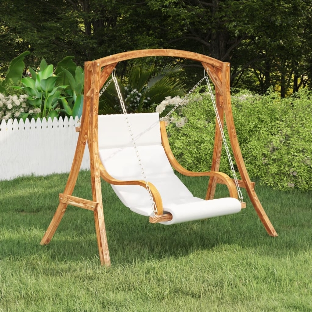 Sedia a Dondolo con Cuscino Crema Legno Curvato Finitura Teak