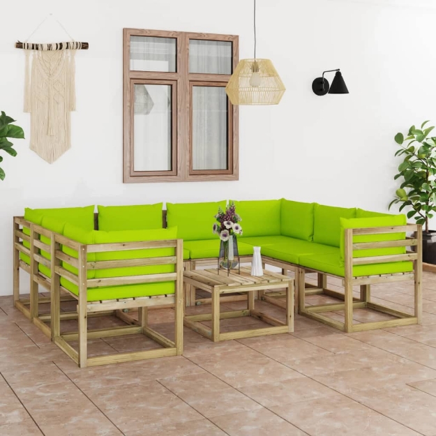 Set Divani da Giardino 9pz con Cuscini Legno di Pino Impregnato