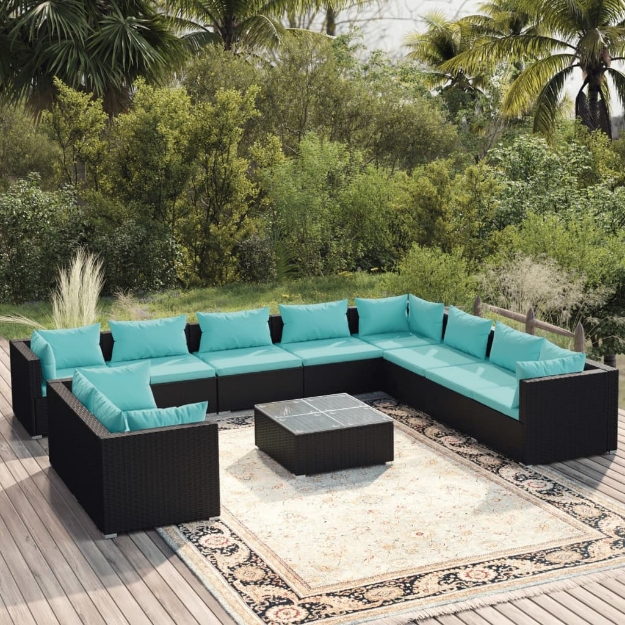 Set Divani da Giardino 11 pz con Cuscini in Polyrattan Nero