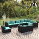 Set Divani da Giardino 10 pz con Cuscini in Polyrattan Nero