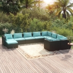 Set Divani da Giardino 10 pz con Cuscini in Polyrattan Nero