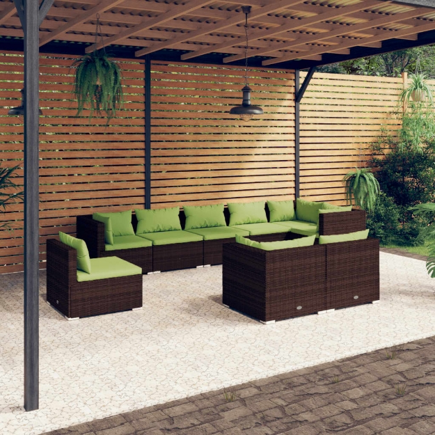 Set Divani da Giardino 9 pz con Cuscini in Polyrattan Marrone