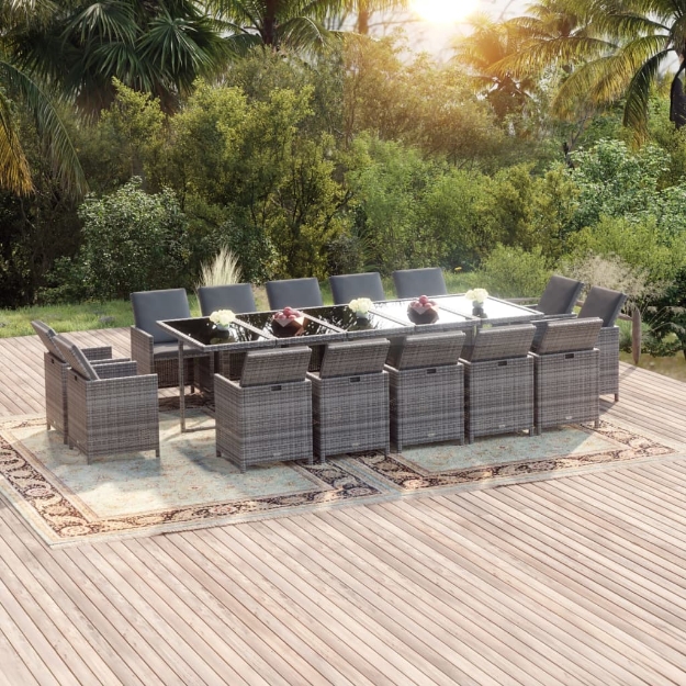 Set da Pranzo per Giardino 15 pz con Cuscini Polyrattan Grigio