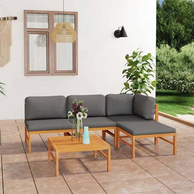 Set Divani Giardino 5pz Cuscini Grigi in Legno Massello di Teak