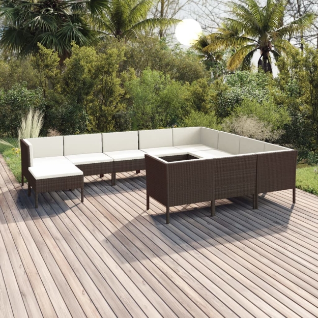 Set Divani da Giardino 11 pz con Cuscini in Polyrattan Marrone