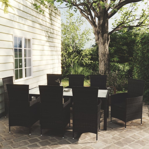 Set Mobili da Giardino 9 pz con Cuscini in Polyrattan Nero