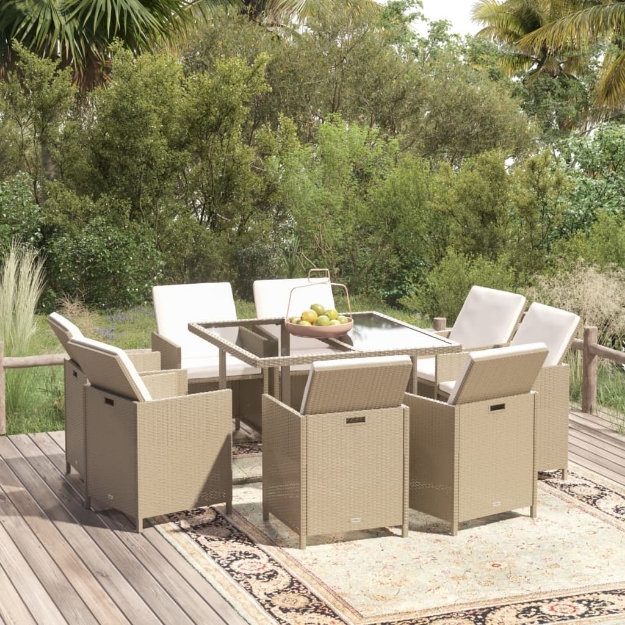 Set da Pranzo per Giardino 9 pz con Cuscini in Polyrattan Beige