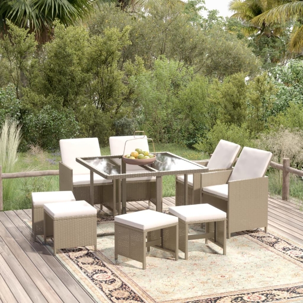 Set da Pranzo per Giardino 9 pz con Cuscini in Polyrattan Beige