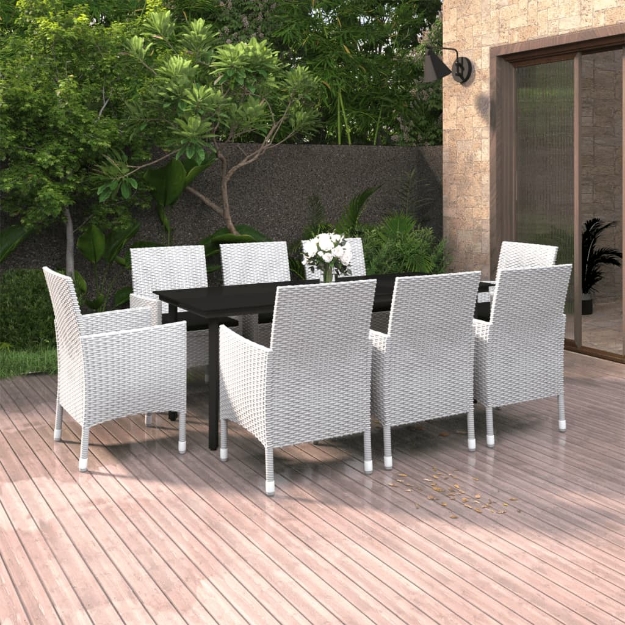 Set da Pranzo da Giardino e Cuscini 9 pz in Polyrattan e Vetro