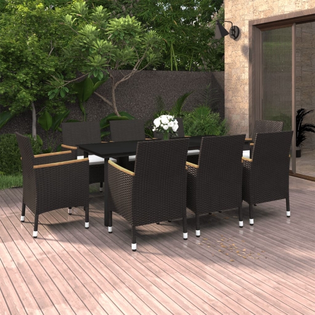 Set da Pranzo da Giardino con Cuscini 9 pz Polyrattan e Vetro