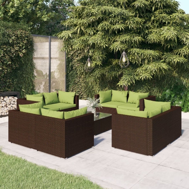 Set Divani da Giardino 9 pz con Cuscini in Polyrattan Marrone