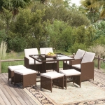 Set da Pranzo per Giardino 9 pz con Cuscini Polyrattan Marrone