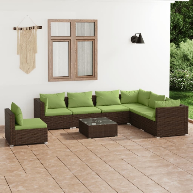 Set Divani da Giardino 8 pz con Cuscini in Polyrattan Marrone