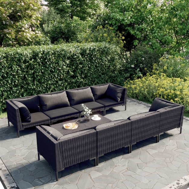 Set Divani da Giardino 9 pz con Cuscini Polyrattan Grigio Scuro