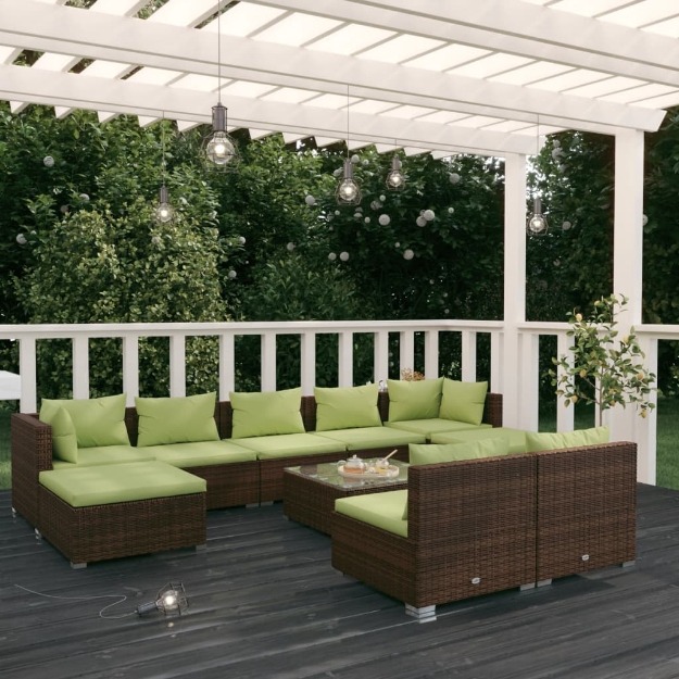 Set Divani da Giardino 10 pz con Cuscini in Polyrattan Marrone