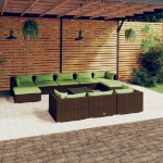 Set Divani da Giardino 11 pz con Cuscini in Polyrattan Marrone