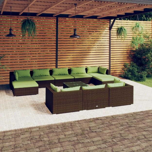 Set Divani da Giardino 11 pz con Cuscini in Polyrattan Marrone