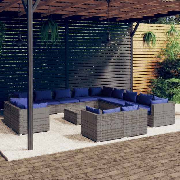 Set Divani da Giardino 14 pz con Cuscini in Polyrattan Grigio