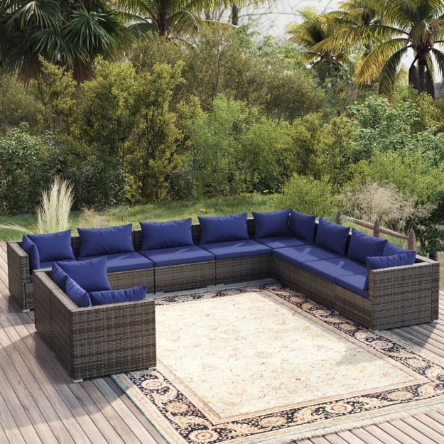 Set Divani da Giardino 10 pz con Cuscini in Polyrattan Grigio