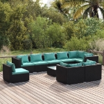 Set Divani da Giardino 10 pz con Cuscini in Polyrattan Nero