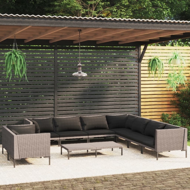 Set Divani da Giardino 10pz con Cuscini Polyrattan Grigio Scuro