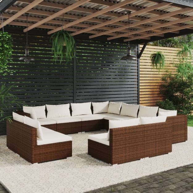 Set Divani da Giardino 11 pz con Cuscini in Polyrattan Marrone