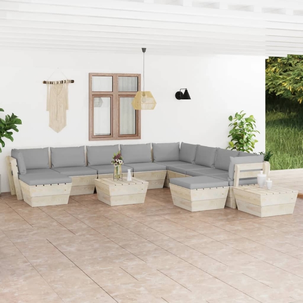 Set Divani da Giardino su Pallet 12 pz con Cuscini Legno Abete