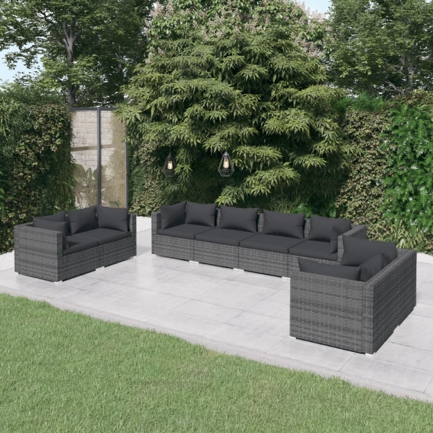 Set Divani da Giardino 8 pz con Cuscini in Polyrattan Grigio