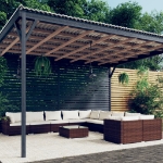 Set Divani da Giardino 11 pz con Cuscini in Polyrattan Marrone
