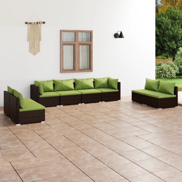 Set Divani da Giardino 8 pz con Cuscini in Polyrattan Marrone