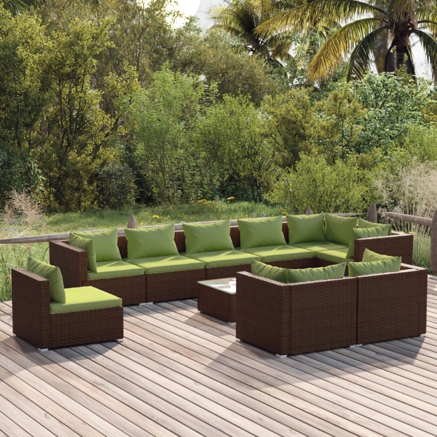 Set Divani da Giardino 10 pz con Cuscini in Polyrattan Marrone