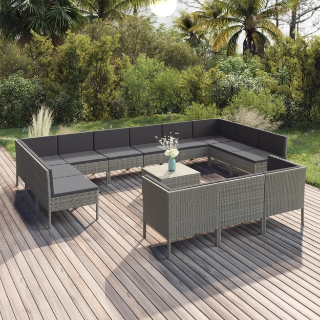 Set Divani da Giardino 14 pz con Cuscini in Polyrattan Grigio