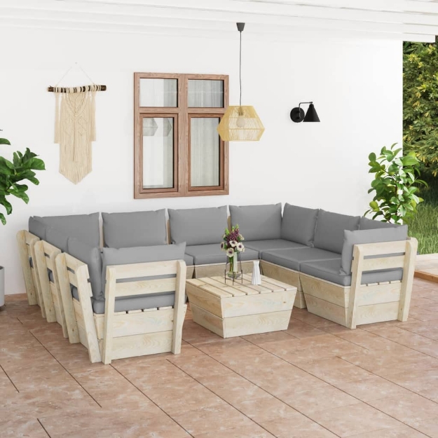 Set Divani da Giardino su Pallet 9 pz con Cuscini Legno Abete