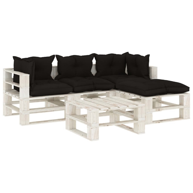 Set Divani da Giardino su Pallet 5 pz con Cuscini Neri in Legno