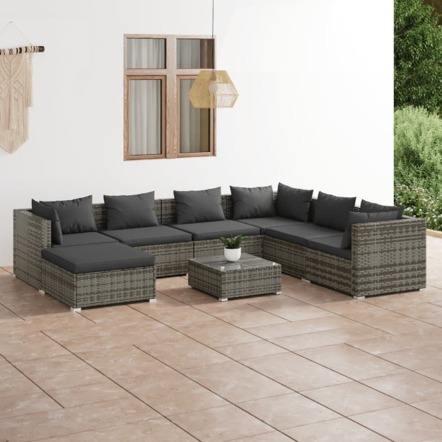 Set Divani da Giardino 8 pz con Cuscini in Polyrattan Grigio