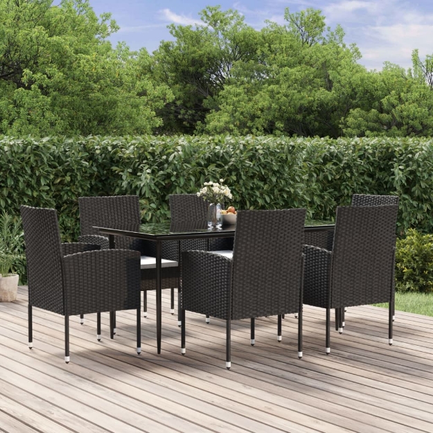 Set da Pranzo da Giardino 7 pz Nero con Cuscini in Polyrattan