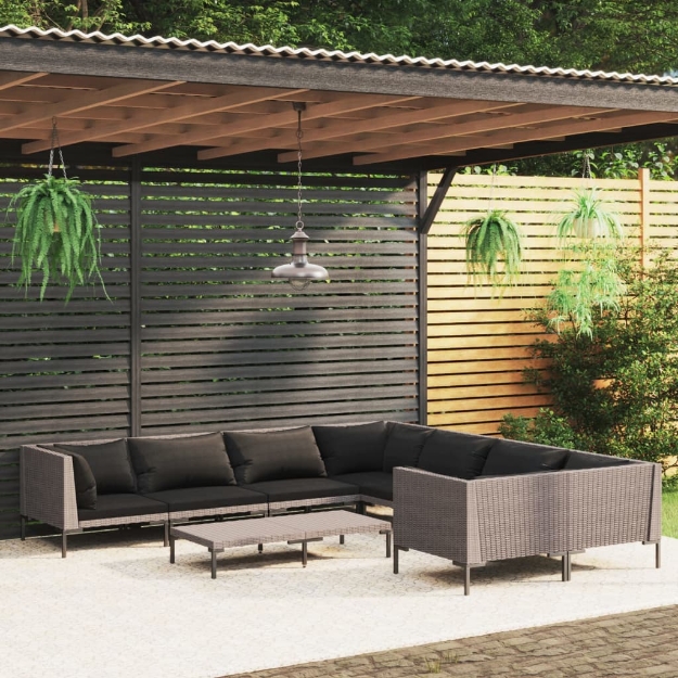 Set Divani da Giardino 9pz con Cuscini Polyrattan Grigio Scuro
