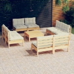 Set Divani da Giardino 9 pz con Cuscini Crema Massello di Pino