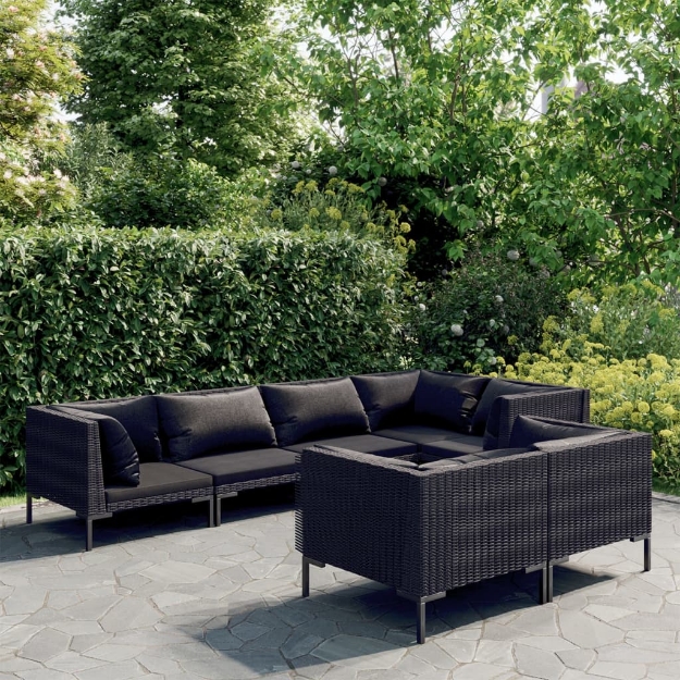 Set Divani Giardino 7 pz con Cuscini in Polyrattan Grigio Scuro