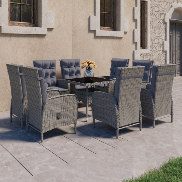 Set da Pranzo per Giardino 9 pz in Polyrattan e Vetro Grigio