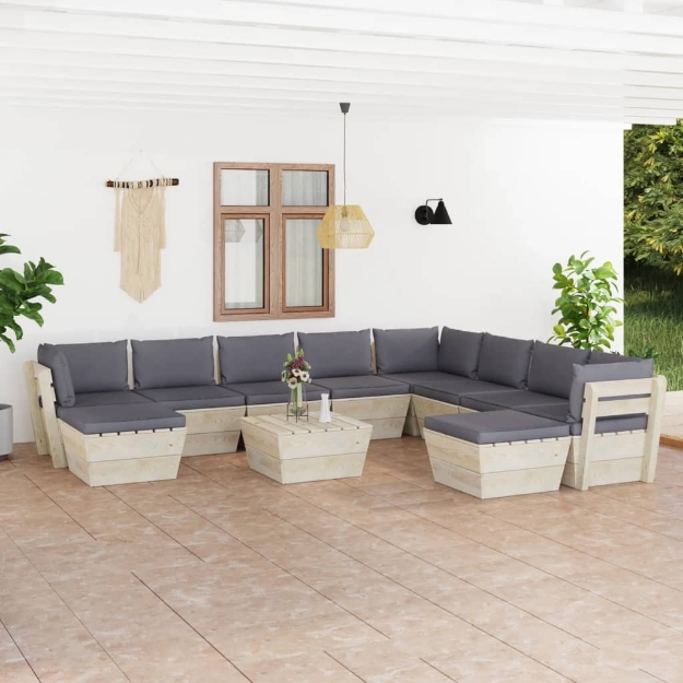 Set Divani da Giardino su Pallet 11 pz con Cuscini Legno Abete