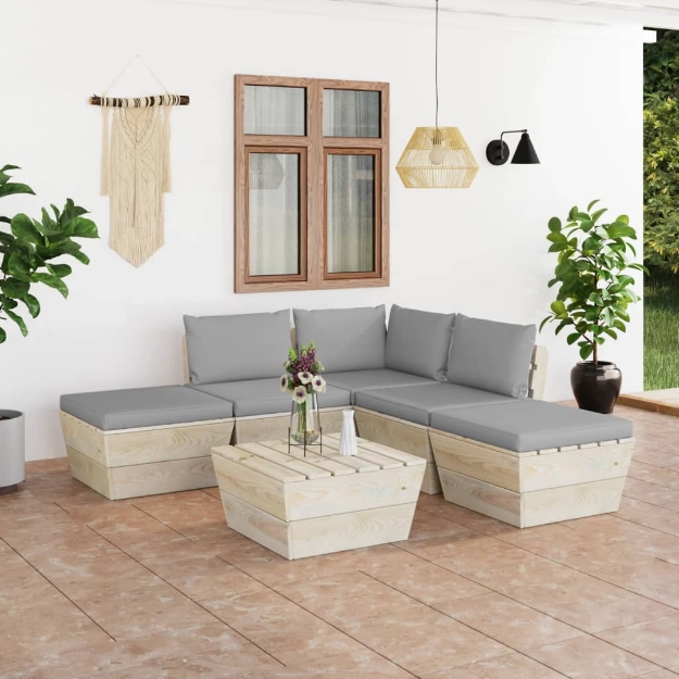 Set Divani da Giardino su Pallet 6 pz con Cuscini Legno Abete