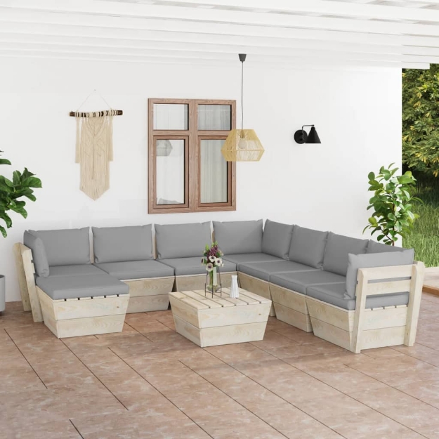 Set Divani da Giardino su Pallet 9 pz con Cuscini Legno Abete