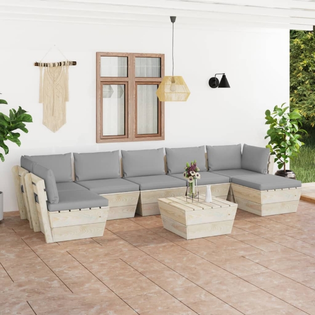 Set Divani da Giardino su Pallet 8 pz con Cuscini Legno Abete