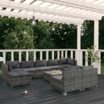 Set Divani da Giardino 10 pz con Cuscini in Polyrattan Grigio