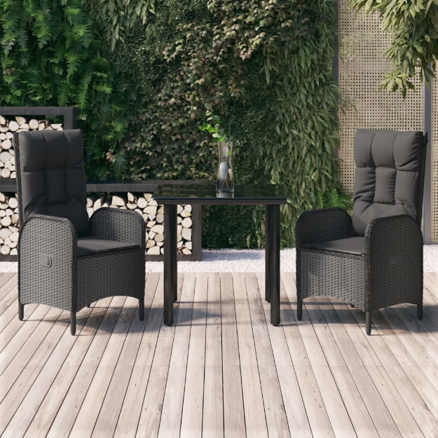 Set da Pranzo da Giardino 3 pz con Cuscini Nero in Polyrattan