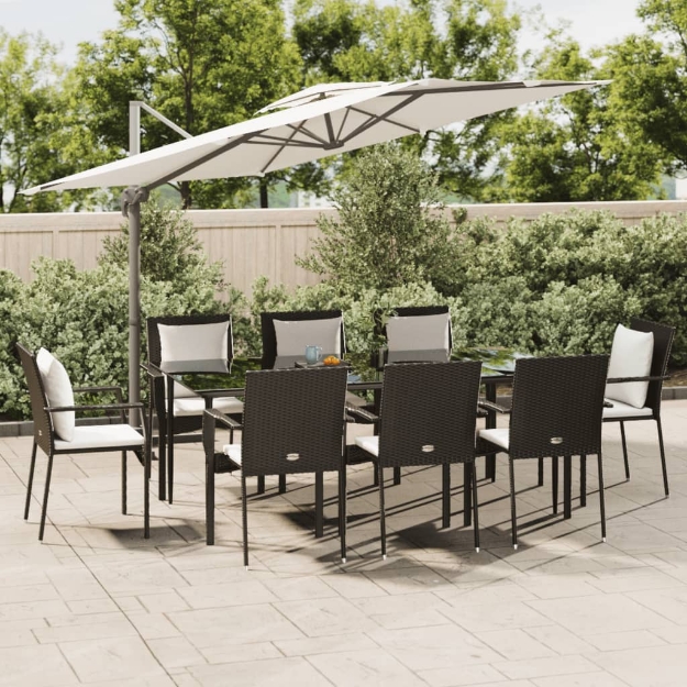 Set da Pranzo da Giardino 9 pz con Cuscini Nero in Polyrattan