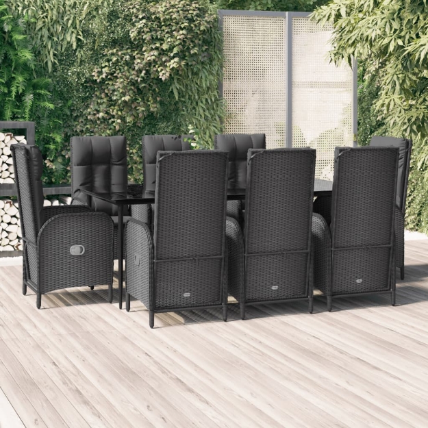 Set da Pranzo da Giardino 9 pz con Cuscini Nero in Polyrattan