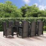 Set da Pranzo da Giardino 9 pz con Cuscini Nero in Polyrattan