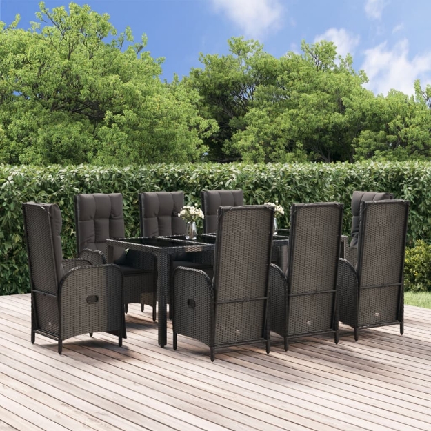 Set da Pranzo da Giardino 9 pz con Cuscini Nero in Polyrattan